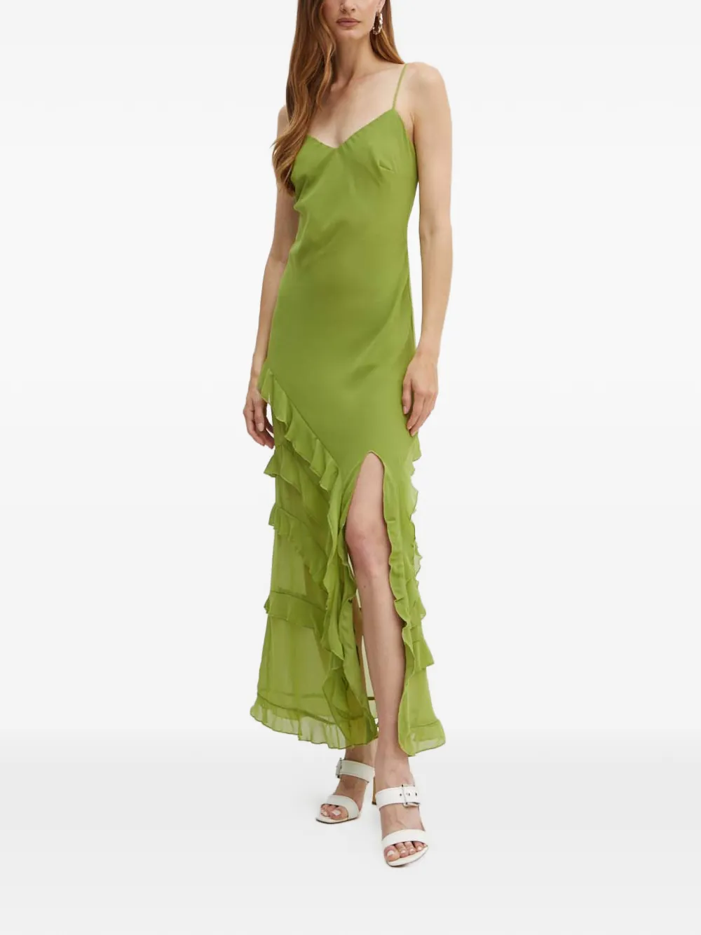 Bardot ruffled V-neck midi dress - Groen