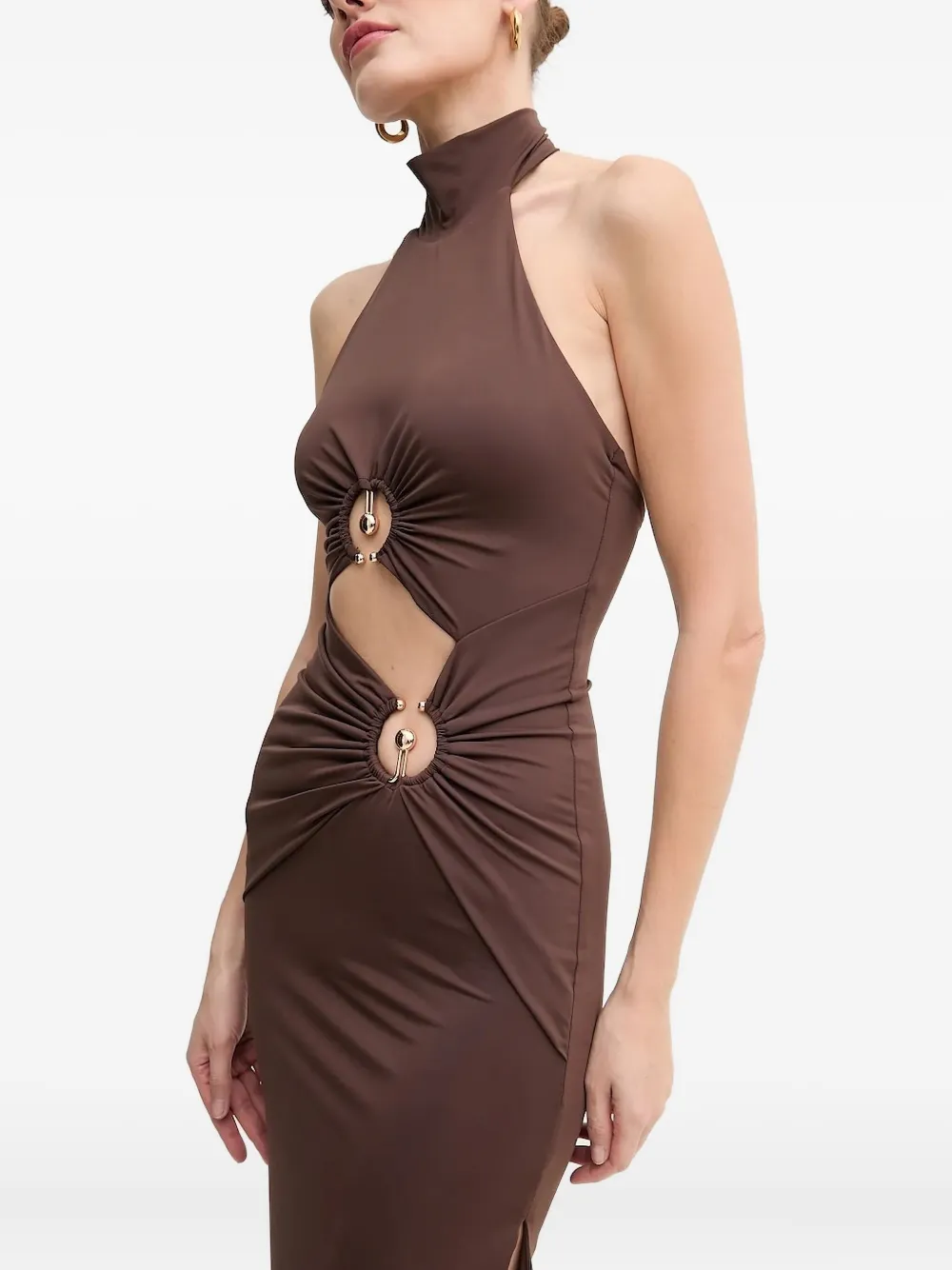 Bardot Ring-detail Midi Dress In Brown