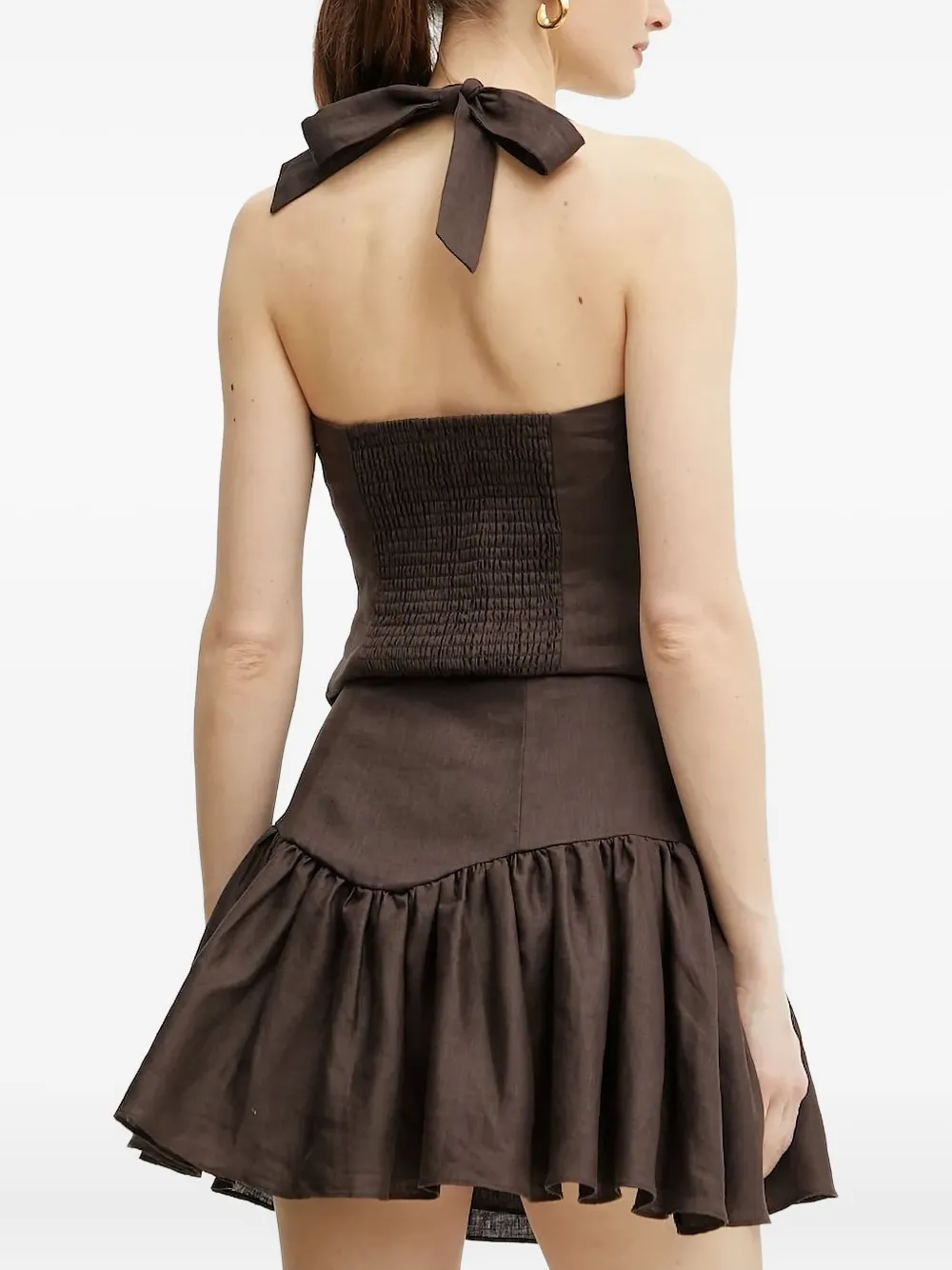 Bardot Amorette mini-rok met halternek en ruches - CHOCOLATE