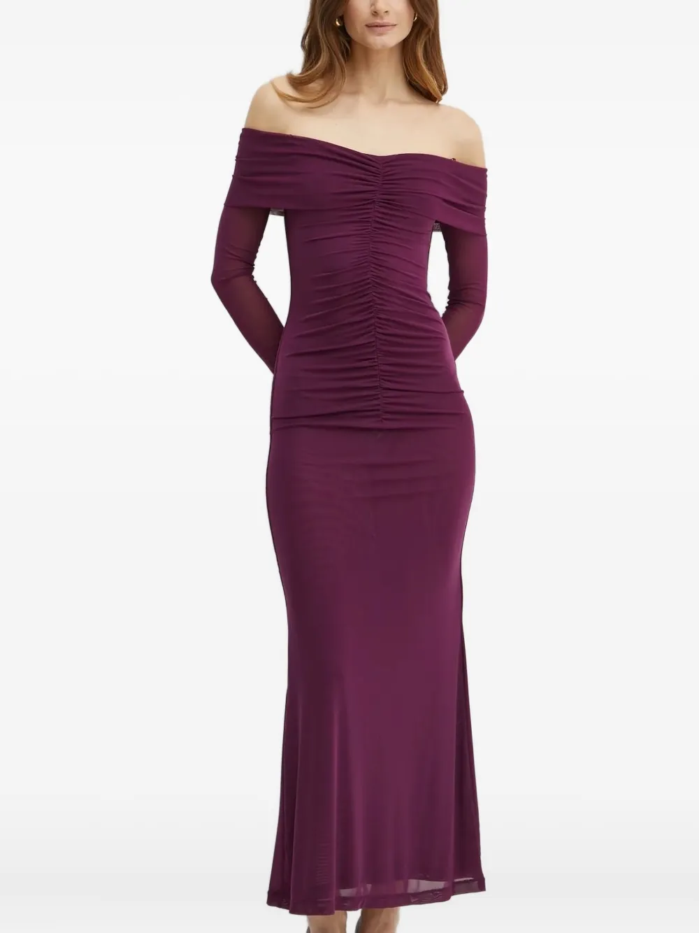 Bardot Off-shoulder maxi-jurk met ruches Paars