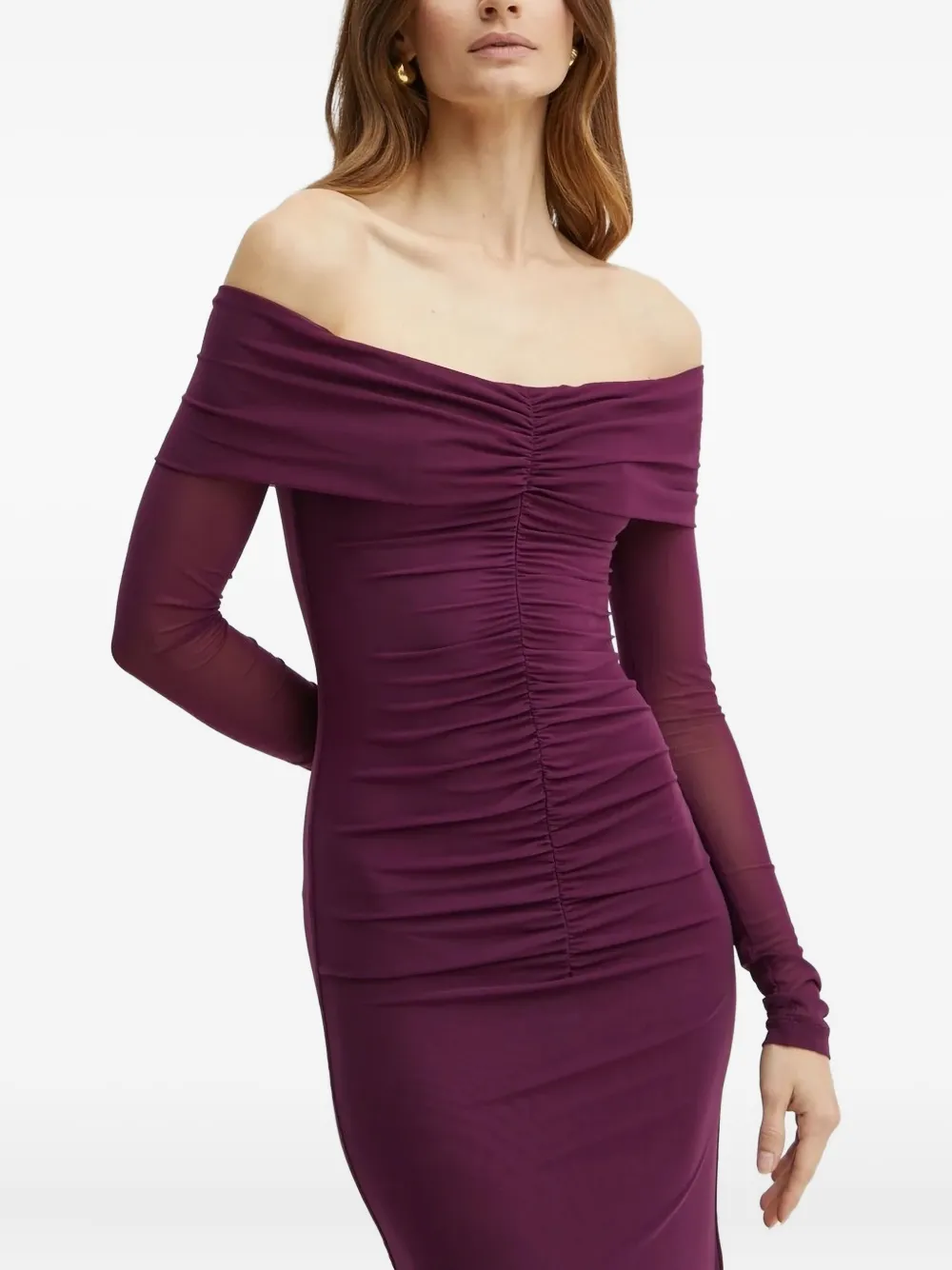 Bardot Off-shoulder maxi-jurk met ruches Paars
