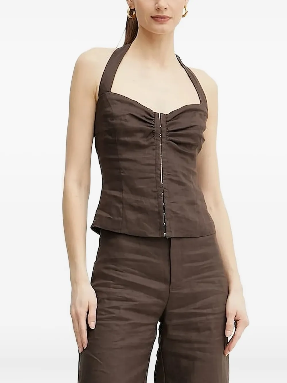 Bardot Halter-neck Smocked Top In Brown