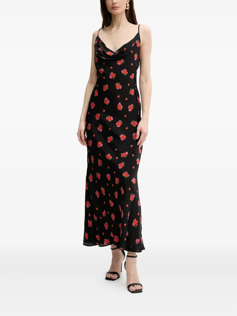Bardot Cowl-neck Floral-print Midi Dress In Black