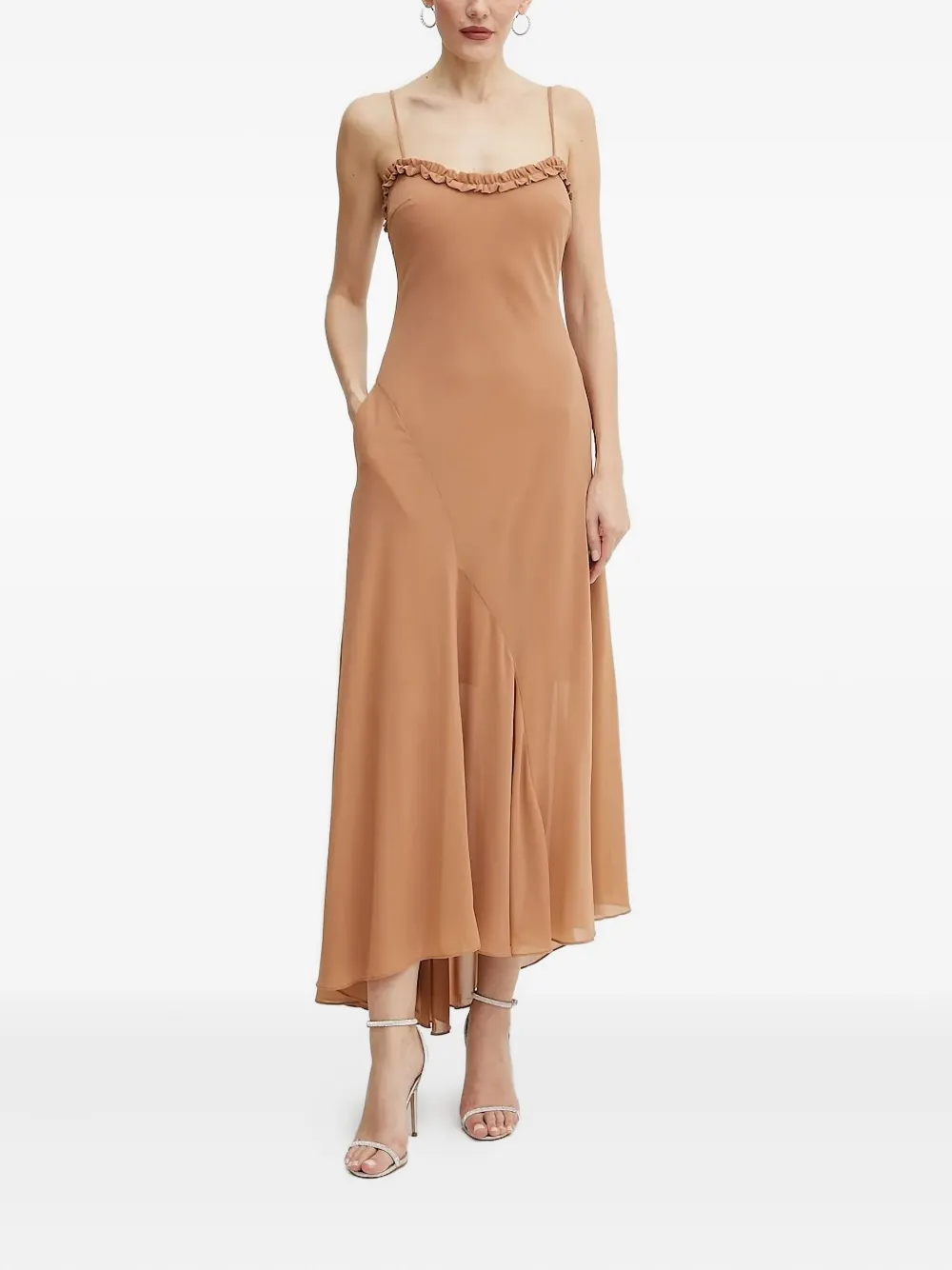 Bardot Asymmetrische jurk met ruches - Bruin