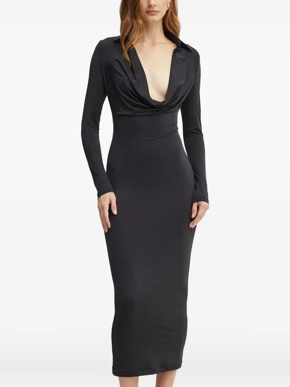 Bardot Midi-jurk met lange mouwen en col Zwart