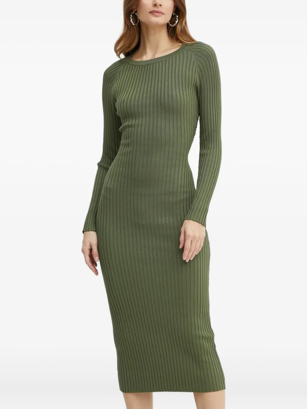 Bardot Geribbelde midi-jurk met ruches Groen