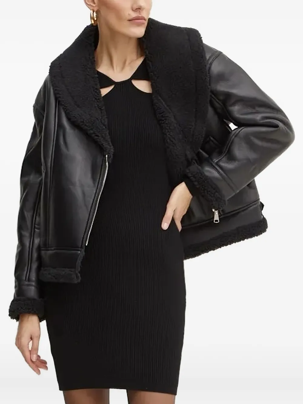 Bardot Fleece-collar Buckle-detail Biker Jacket In Black