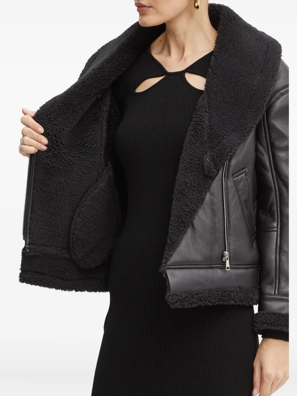 Bardot Fleece-collar Buckle-detail Biker Jacket In Black