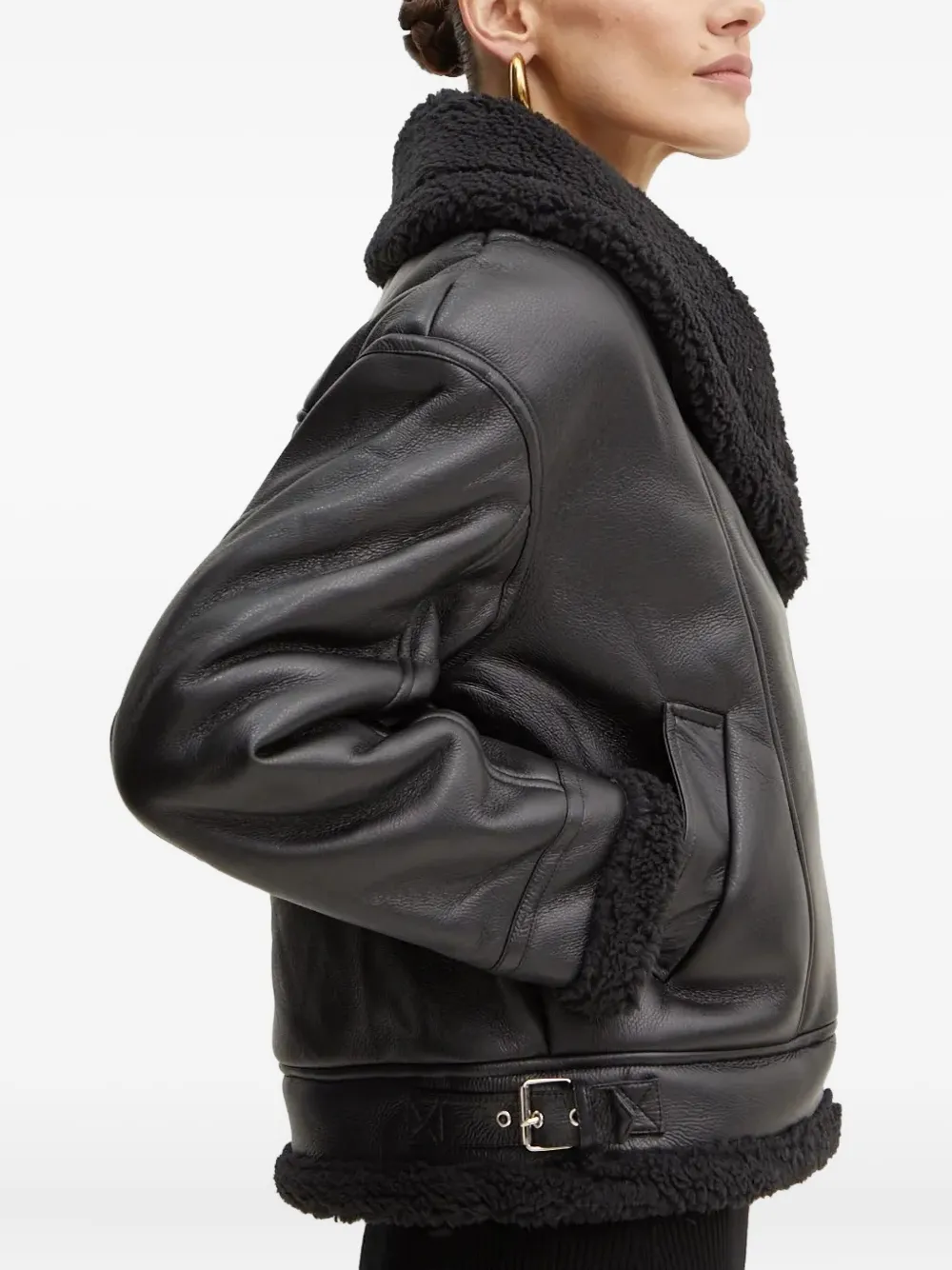 Bardot Fleece-collar Buckle-detail Biker Jacket In Black