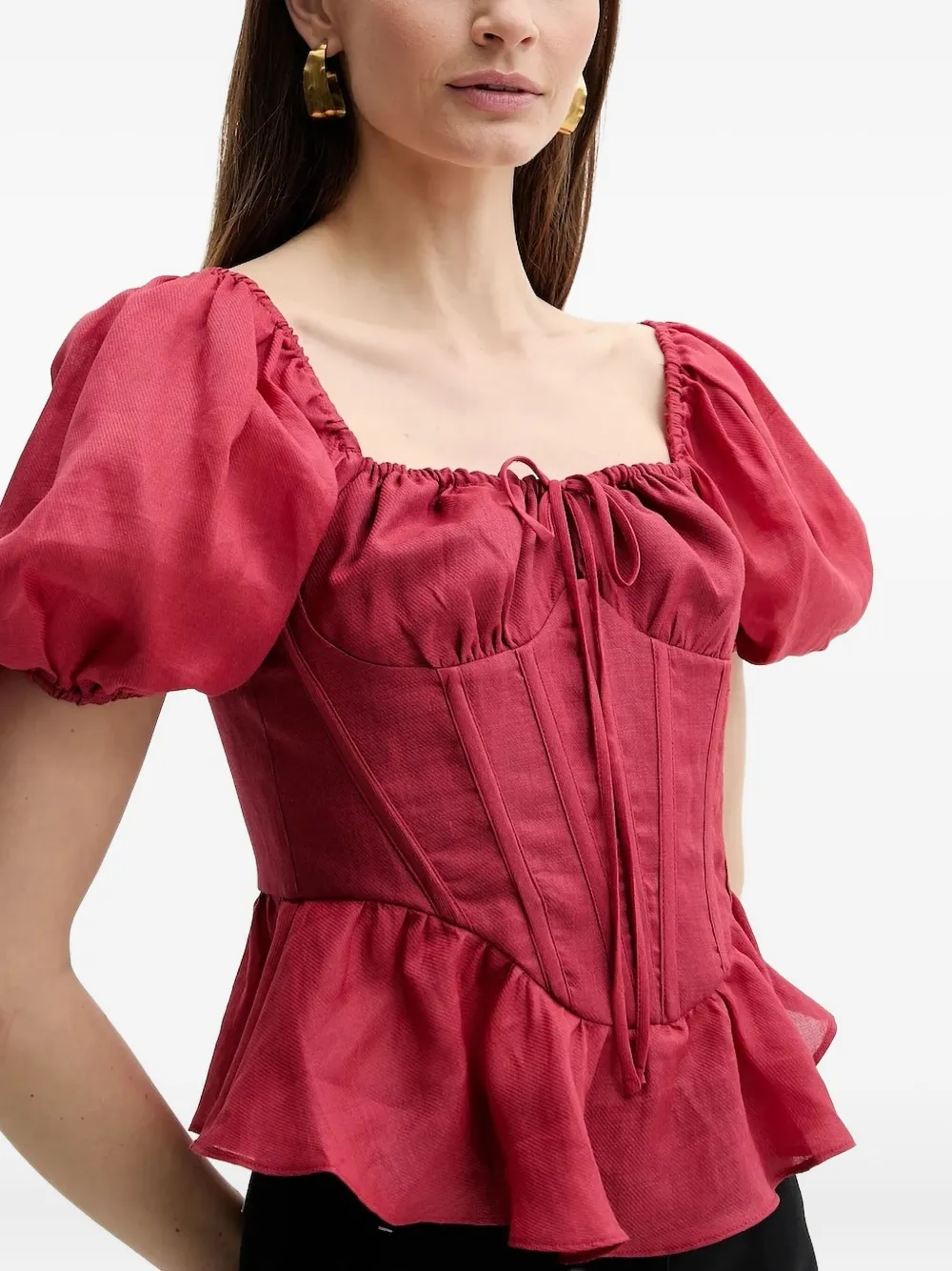 Bardot Puff-sleeve Corset Top In Red