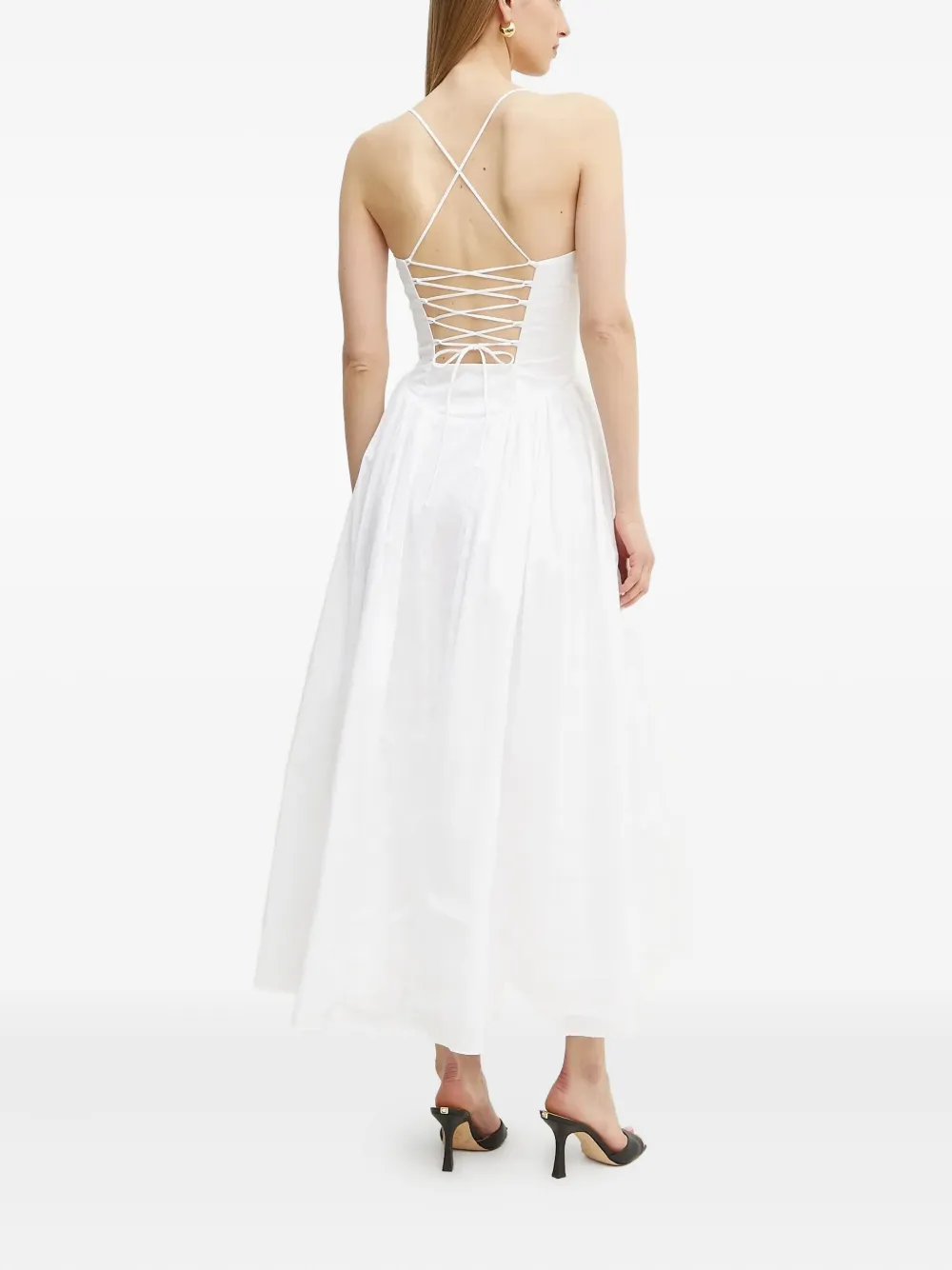 Bardot Lace-up Bodice Midi Dress In White