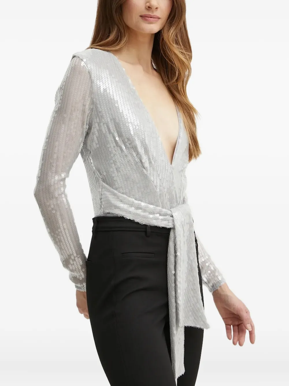 Bardot Emelia Sequin Wrap Long Sleeve Bodysuit In Gray
