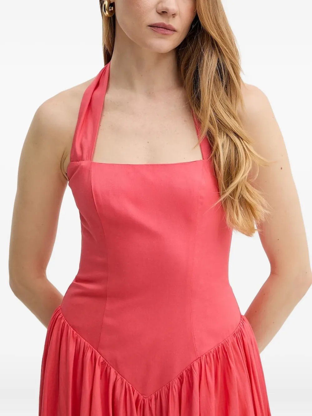 Bardot halter-neck gathered-skirt midi dress Roze