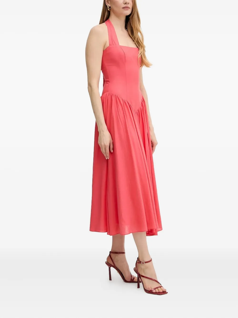 Bardot halter-neck gathered-skirt midi dress Roze