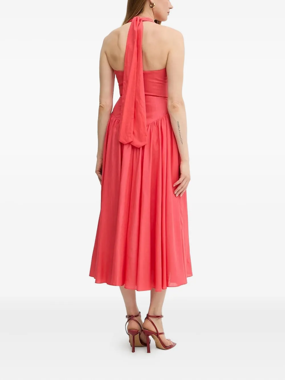 Bardot Midi-jurk met halternek en gesmockte rok - Roze