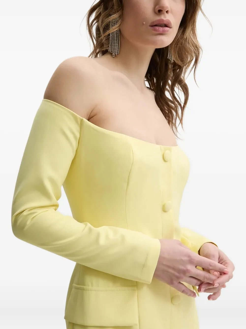 Bardot Off-shoulder jurk met knopen Geel