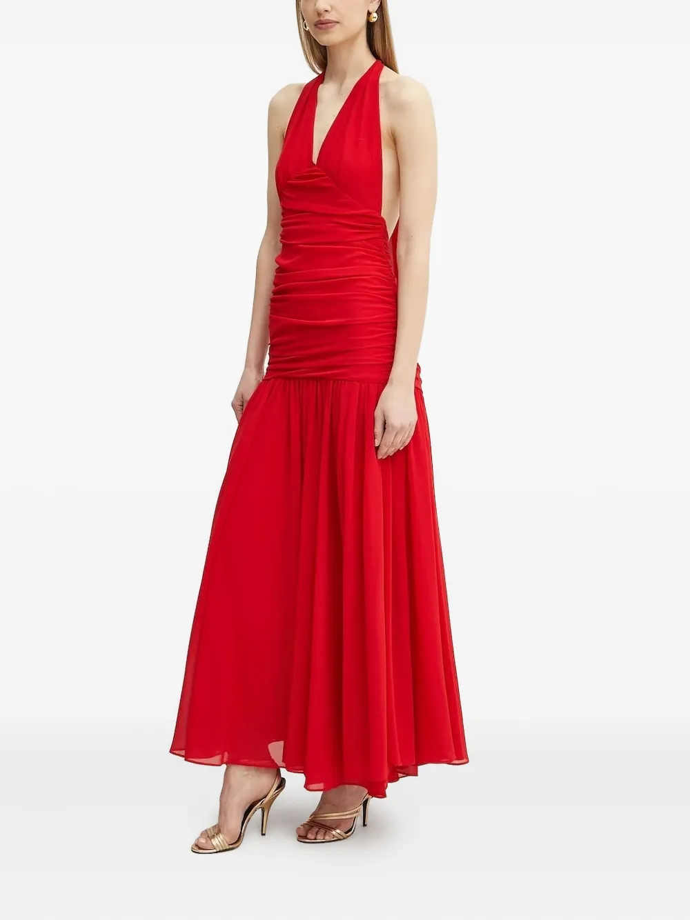 Bardot Halterneck Draped Maxi Dress In Red