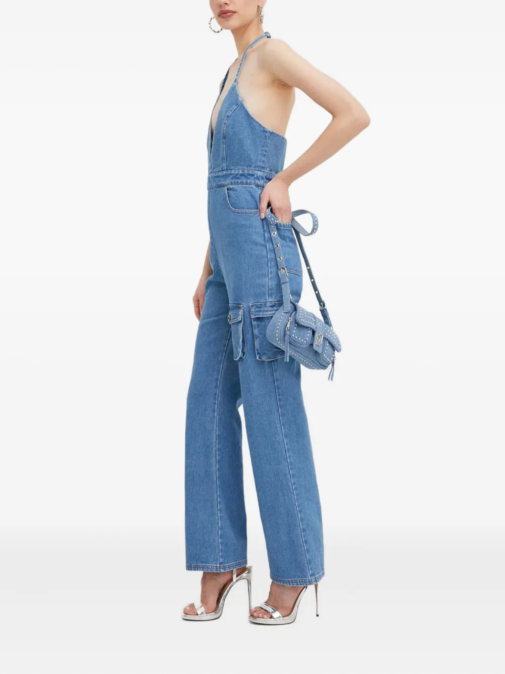 Bardot Zerah Denim Cargo Halter Jumpsuit In Blue