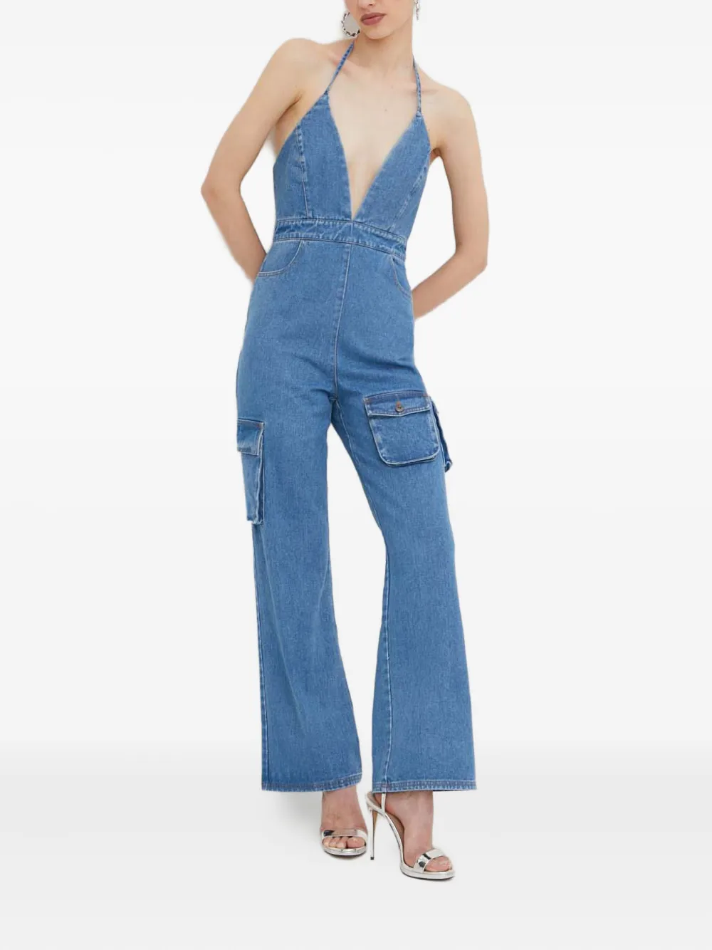Bardot Zerah Denim Cargo Halter Jumpsuit In Blue