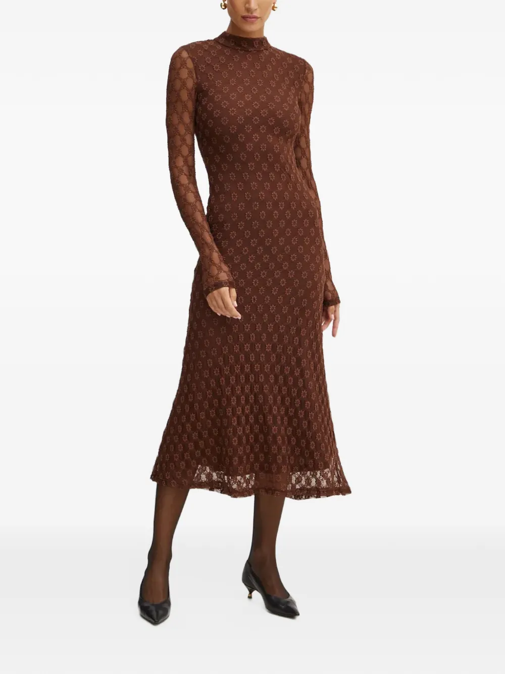 Bardot Floral-lace High-neck Midi Dress In Brown