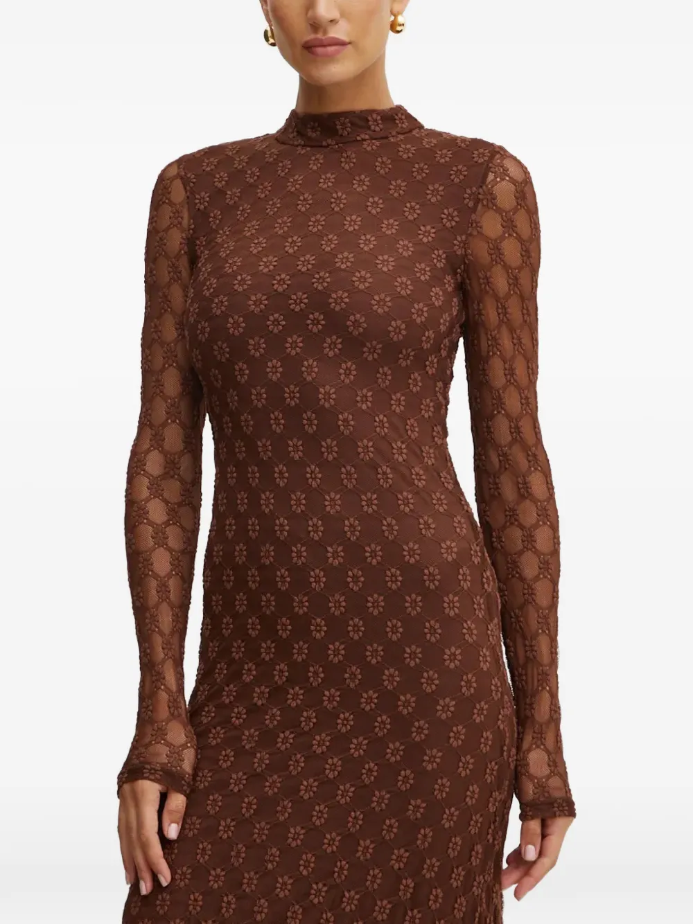Bardot floral-lace high-neck midi dress Bruin