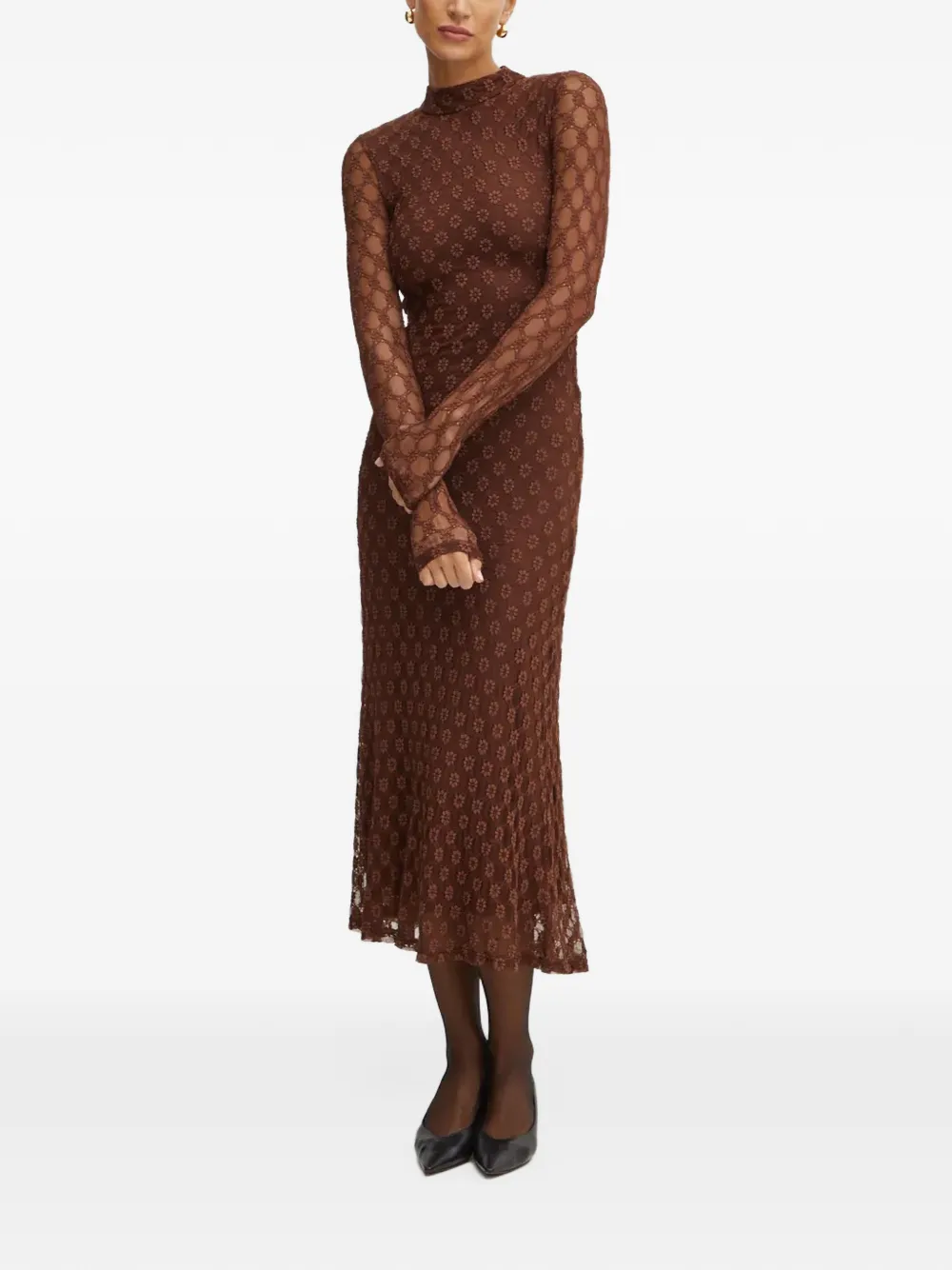 Bardot floral-lace high-neck midi dress Bruin