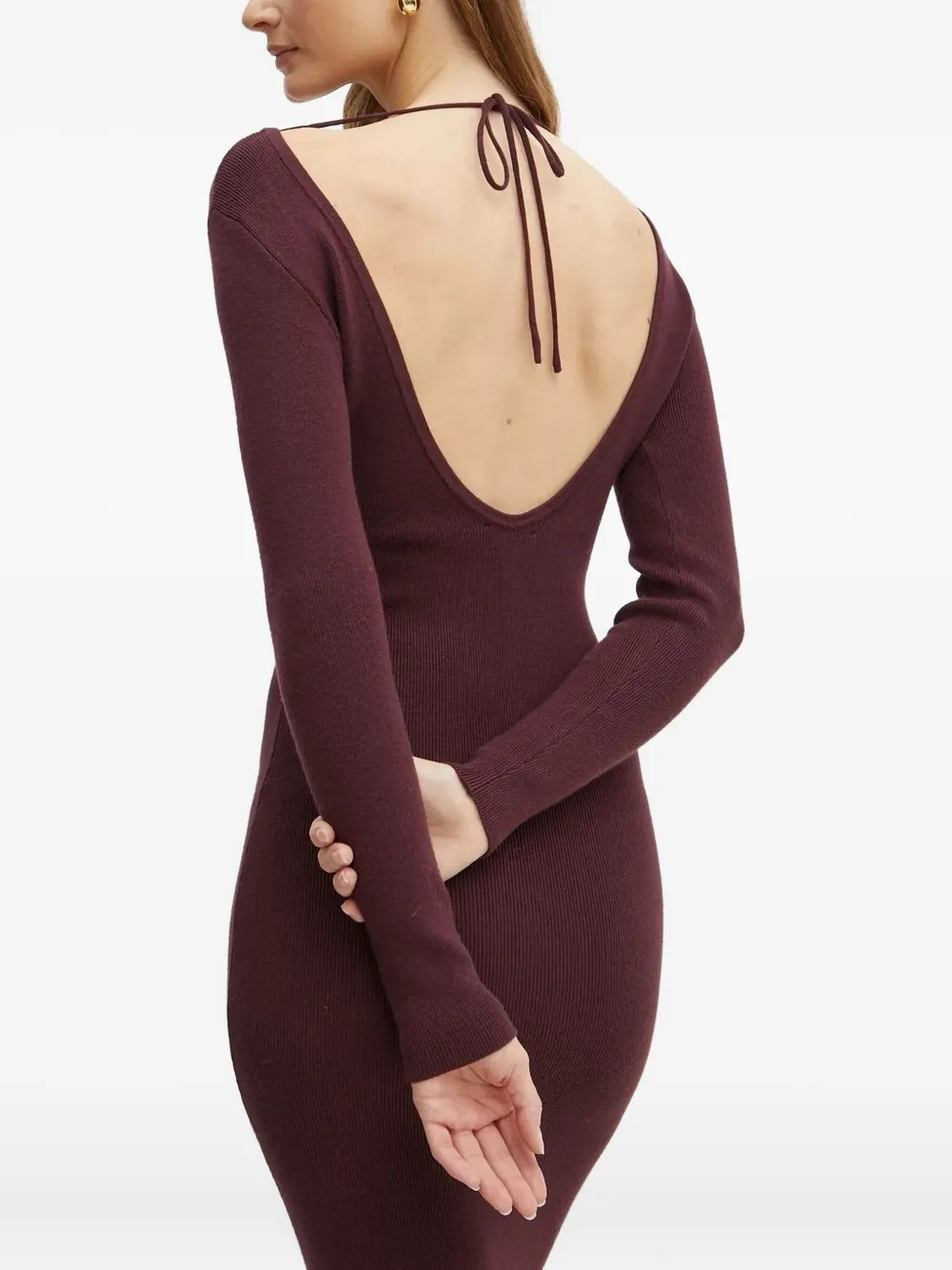 Bardot Geribbelde midi-jurk met gestrikte hals Rood