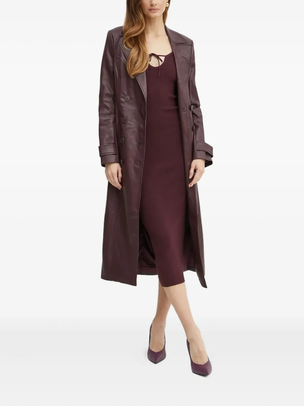 Bardot Geribbelde midi-jurk met gestrikte hals Rood