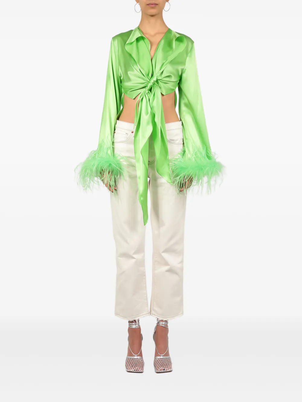 VERGUENZA feather-trimmed knotted blouse - Groen