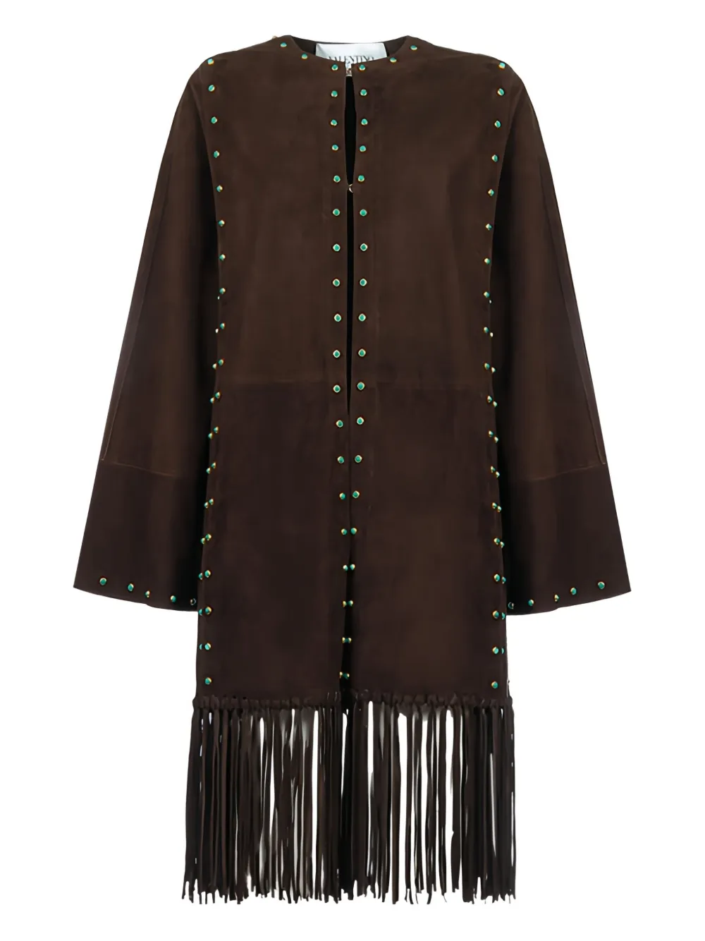 Valentino Stone-embellished Fringed Coat In Brown