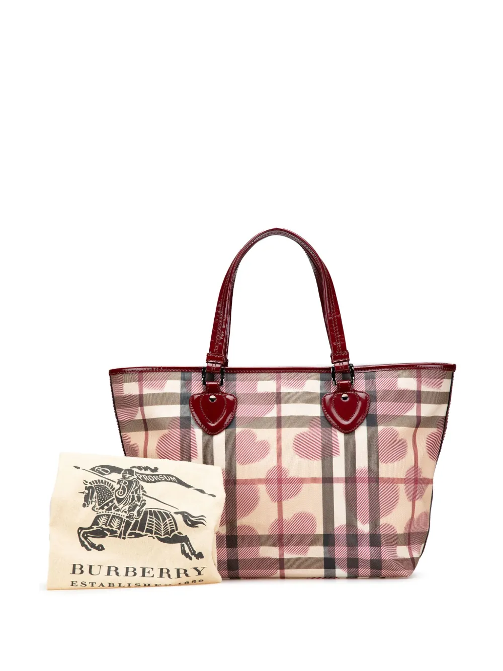Pre-owned Burberry 2000-2017 House Check Coated Canvas Hearts Gracie Tote Bag In Red