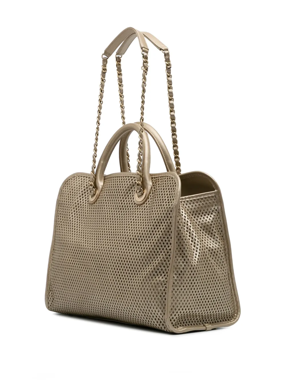 Pre-owned Chanel 2014 Perforated Metallic Calfskin Up In The Air Tote Satchel In Gold