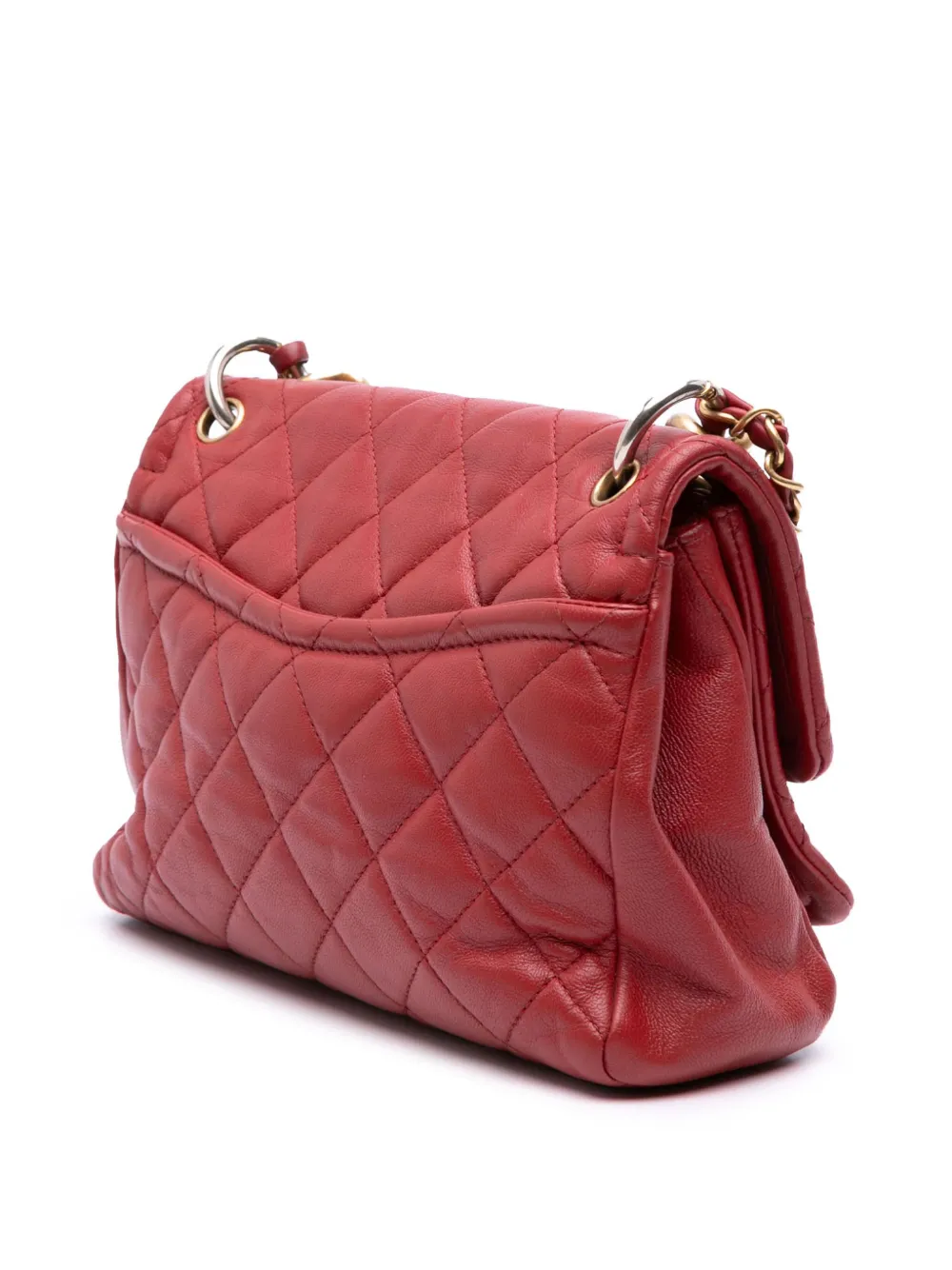 Pre-owned Chanel 2019 Small Quilted Lambskin Chain Link Flap Satchel In Red