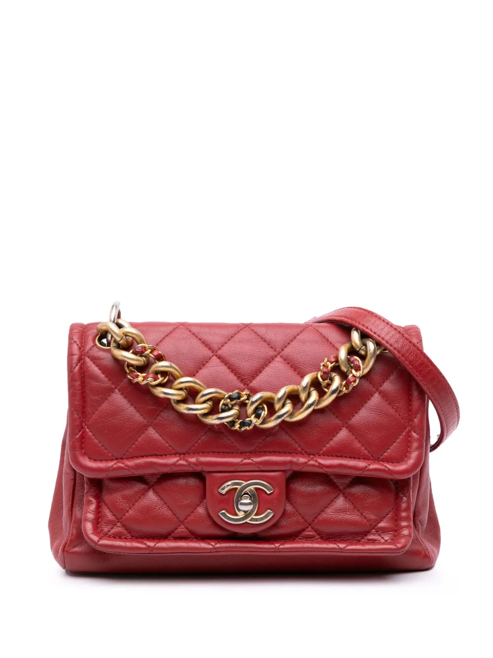 CHANEL Pre-Owned 2019 Small Quilted Lambskin Chain Link Flap satchel | Red | Image 1