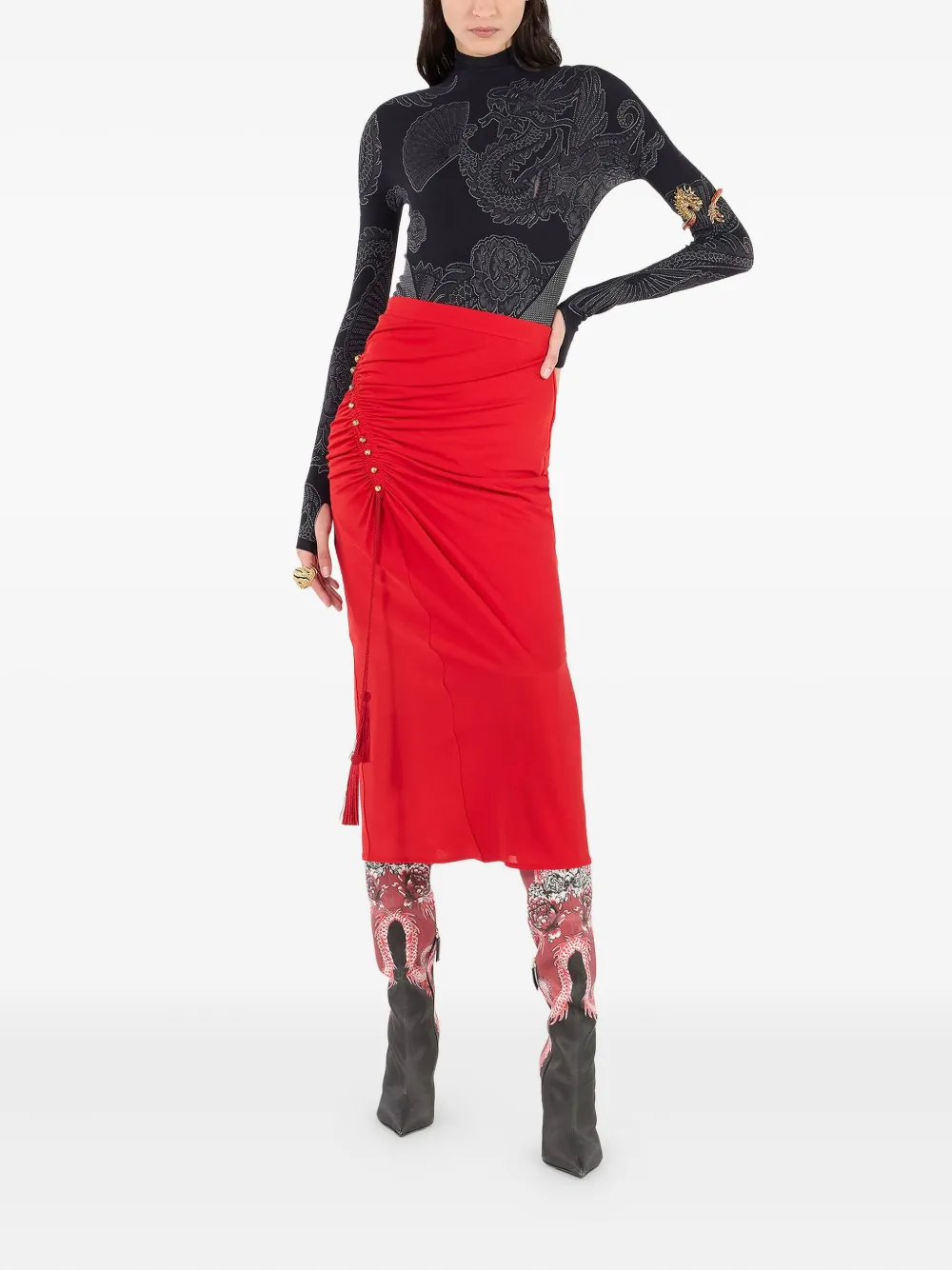 Roberto Cavalli Midi Skirt With Ruched Detail In Red