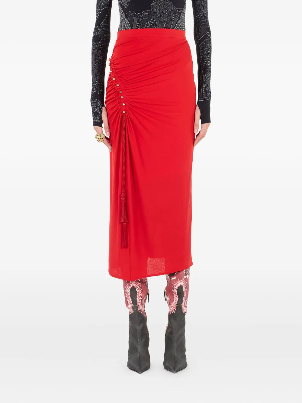 Roberto Cavalli Midi Skirt With Ruched Detail In Red