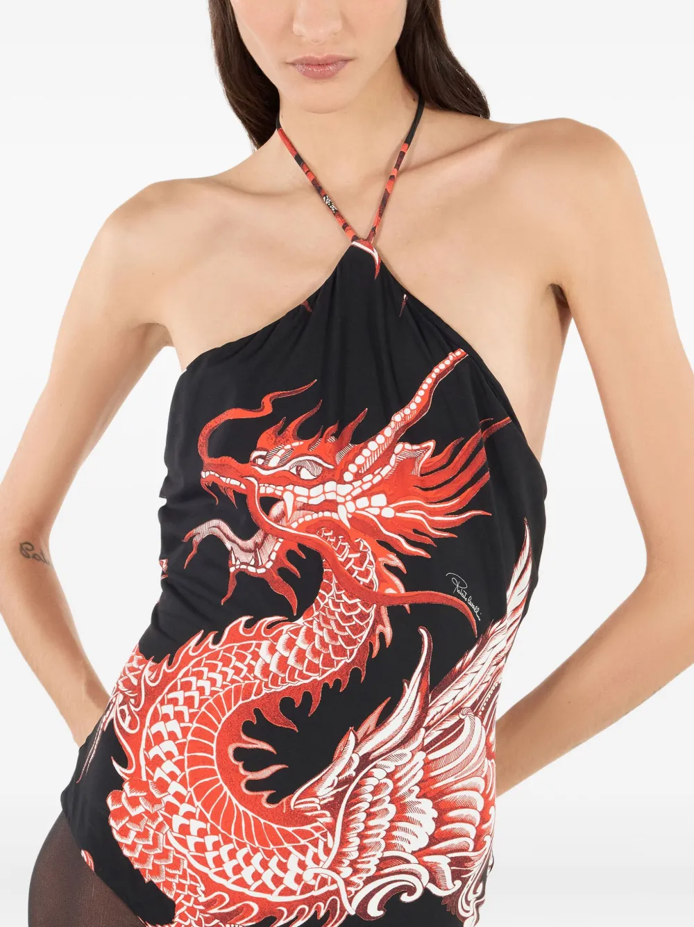 Roberto Cavalli Body met halternek en drakenprint Zwart