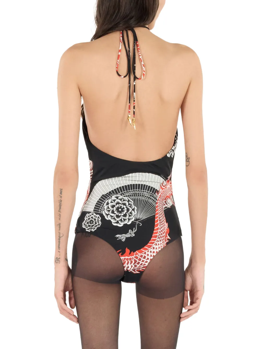 Roberto Cavalli Body met halternek en drakenprint Zwart