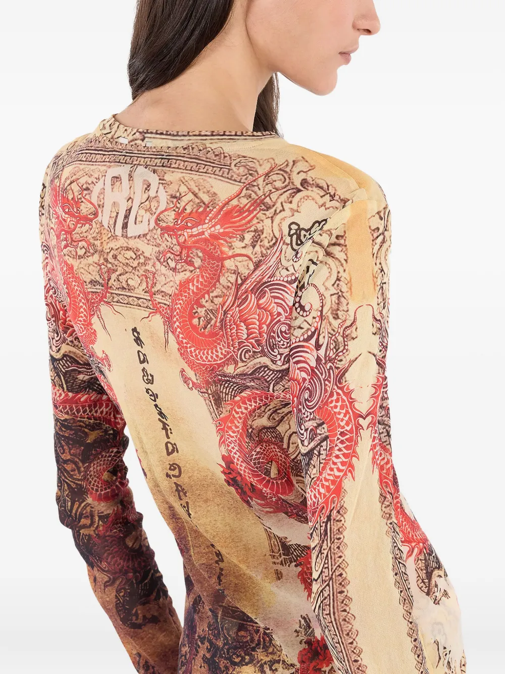 Roberto Cavalli Top met lange mouwen en drakenpatroon Beige
