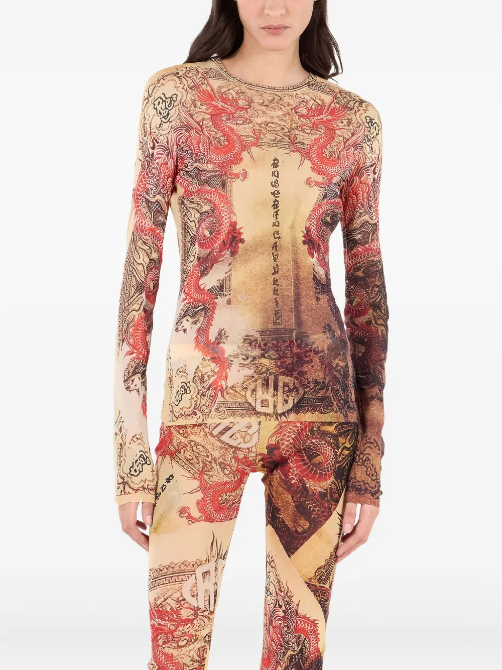 Roberto Cavalli Top met lange mouwen en drakenpatroon Beige