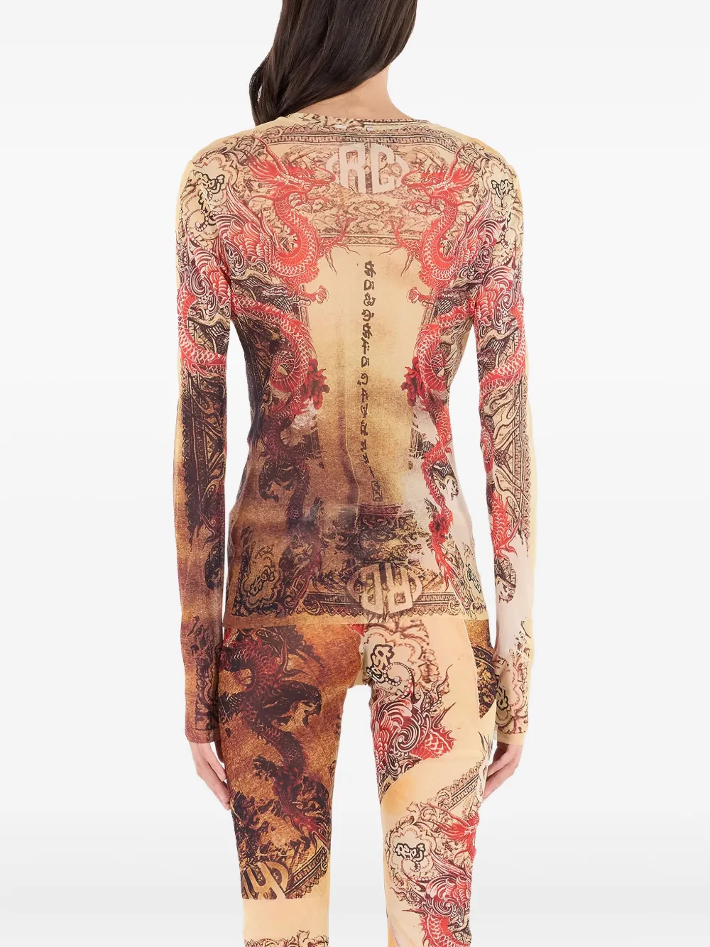 Roberto Cavalli Top met lange mouwen en drakenpatroon Beige
