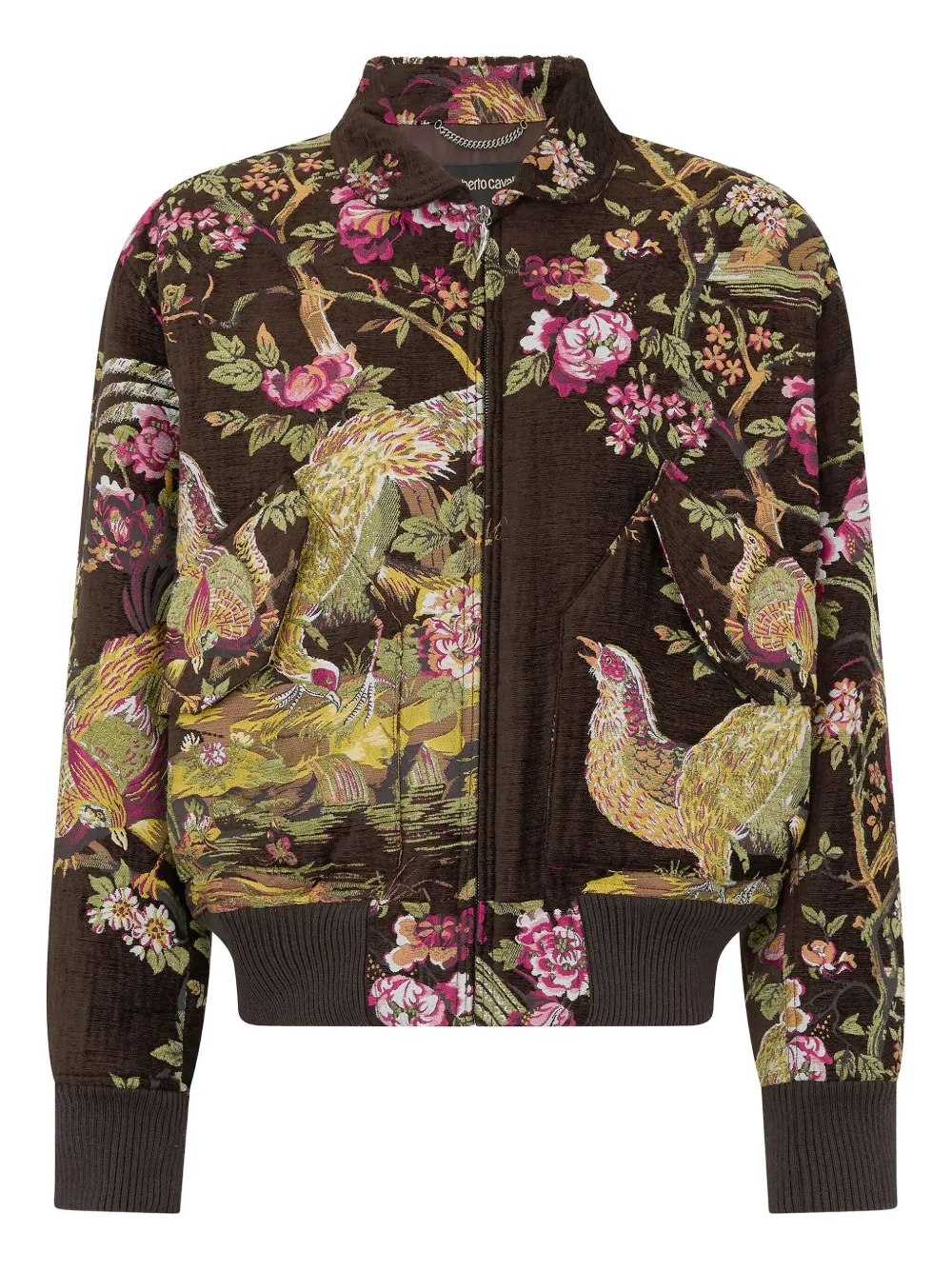 Roberto Cavalli Bird-floral Bomber Jacket In Brown
