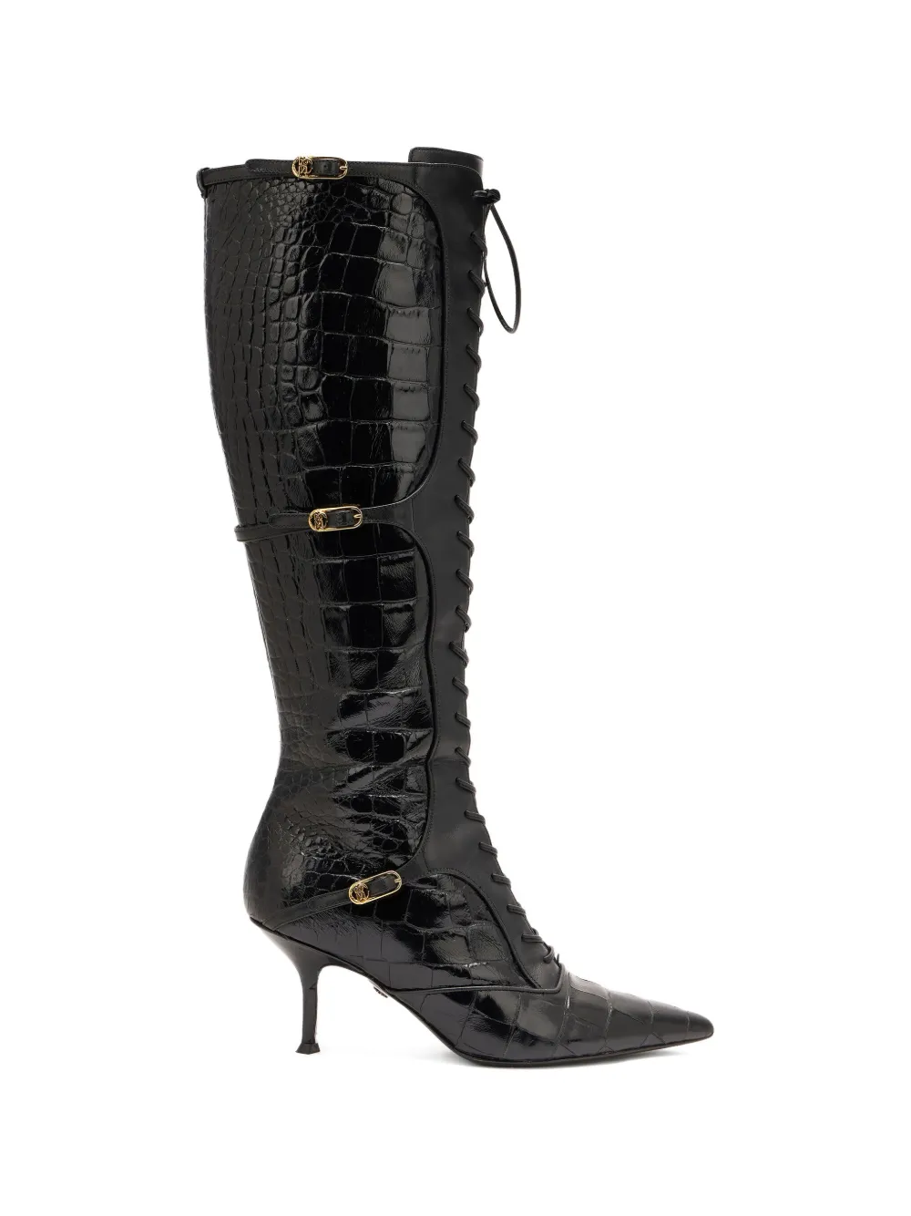 Roberto Cavalli Lace-up Crocodile-effect Boots In Black