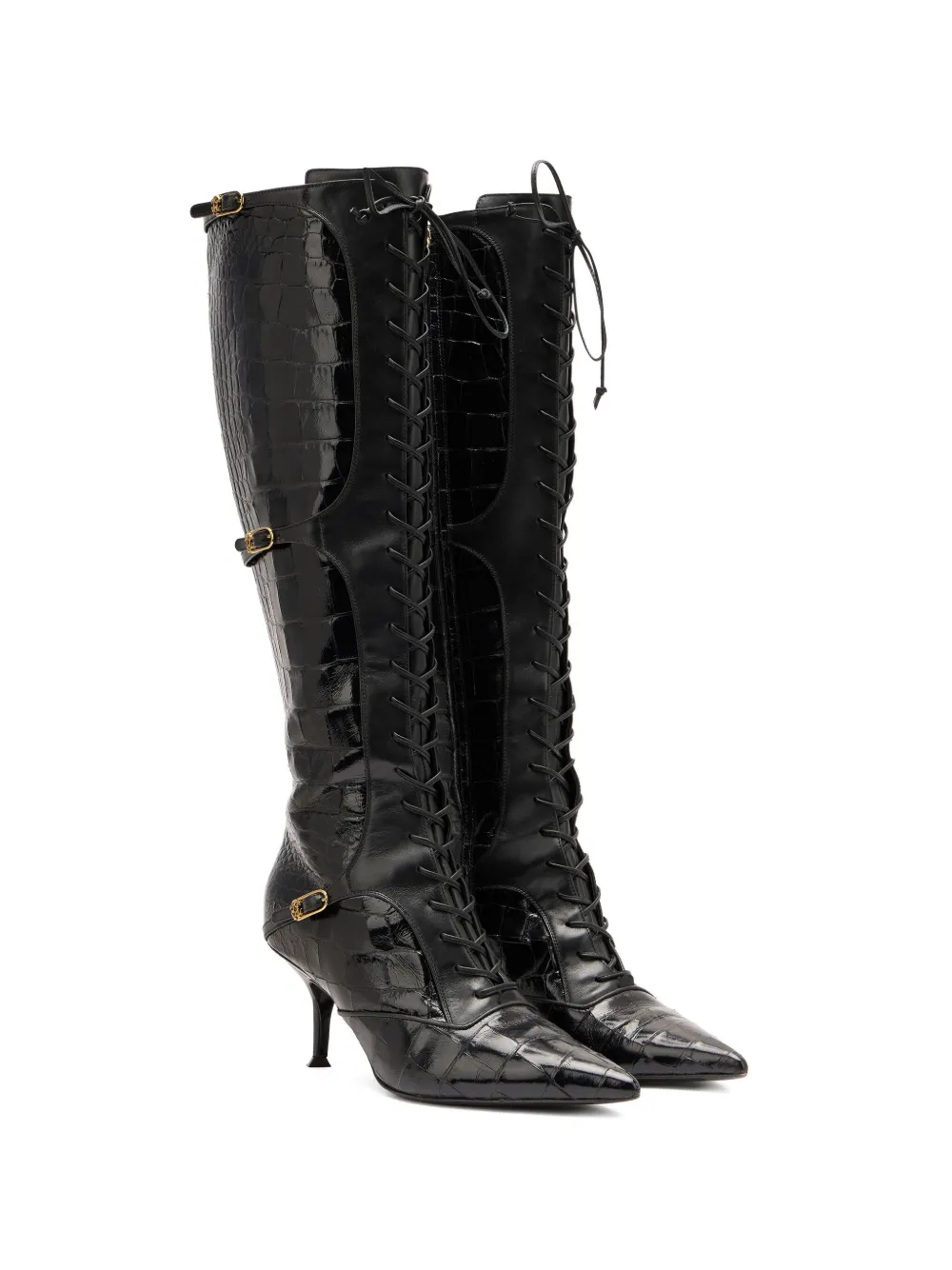 Roberto Cavalli Lace-up Crocodile-effect Boots In Black