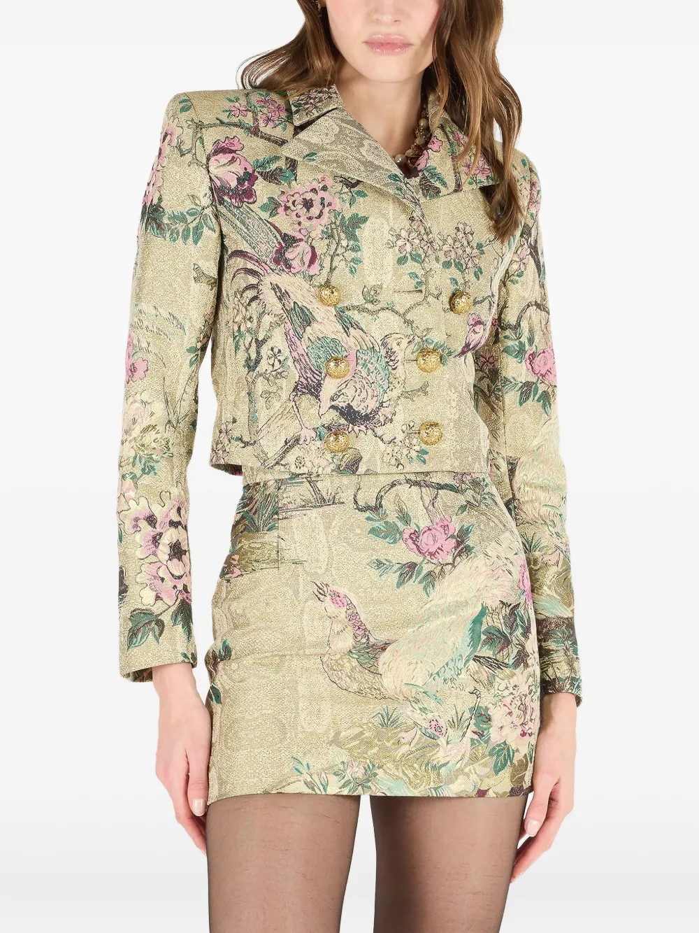 Roberto Cavalli Pheasant jack met dubbele rij knopen en bloemenprint Beige