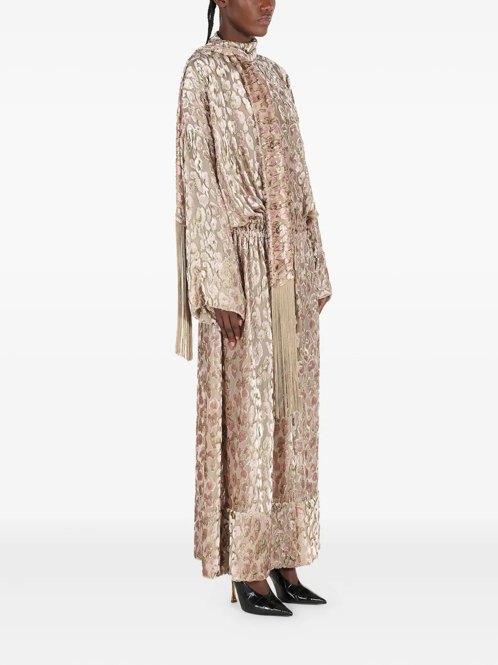 Roberto Cavalli Animal-print Tassel Maxi Day Dress In Neutral