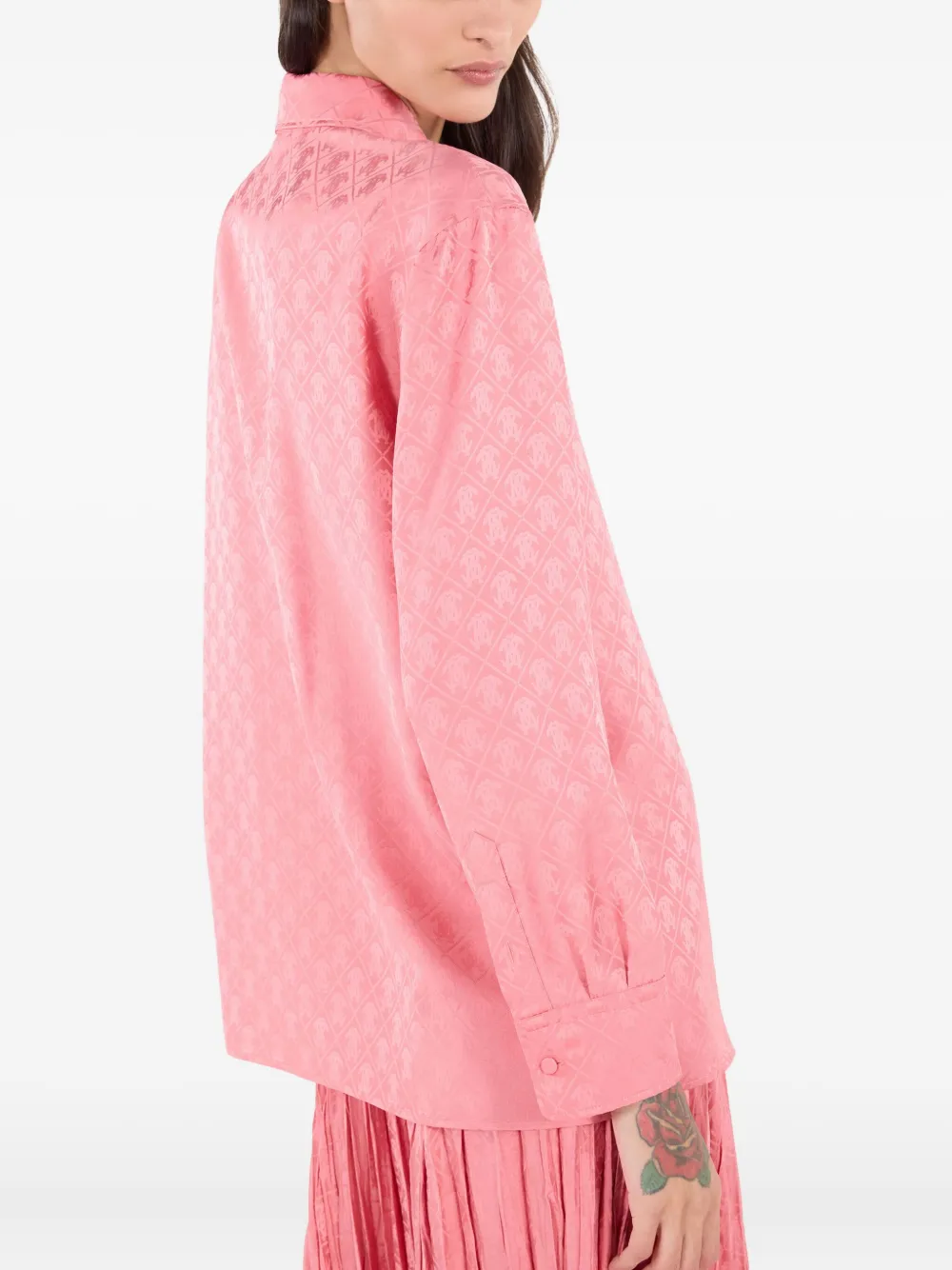 Roberto Cavalli Silk Blend Shirt With Mirror Snake Monogram Print In Pink