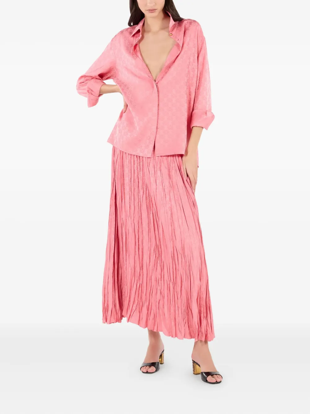 Roberto Cavalli Silk Blend Shirt With Mirror Snake Monogram Print In Pink