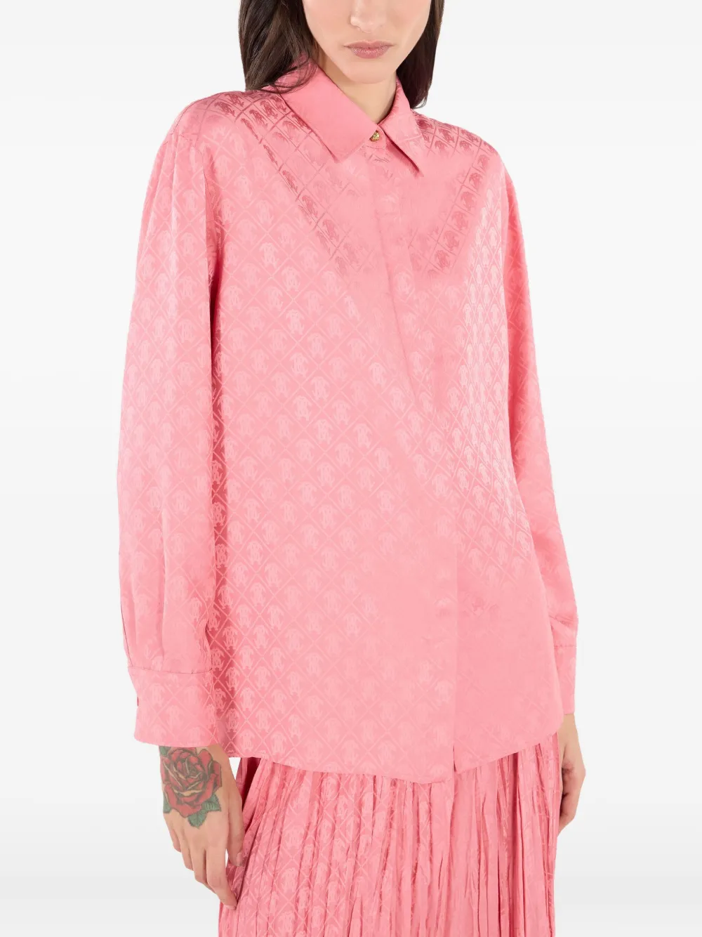 Roberto Cavalli Silk Blend Shirt With Mirror Snake Monogram Print In Pink