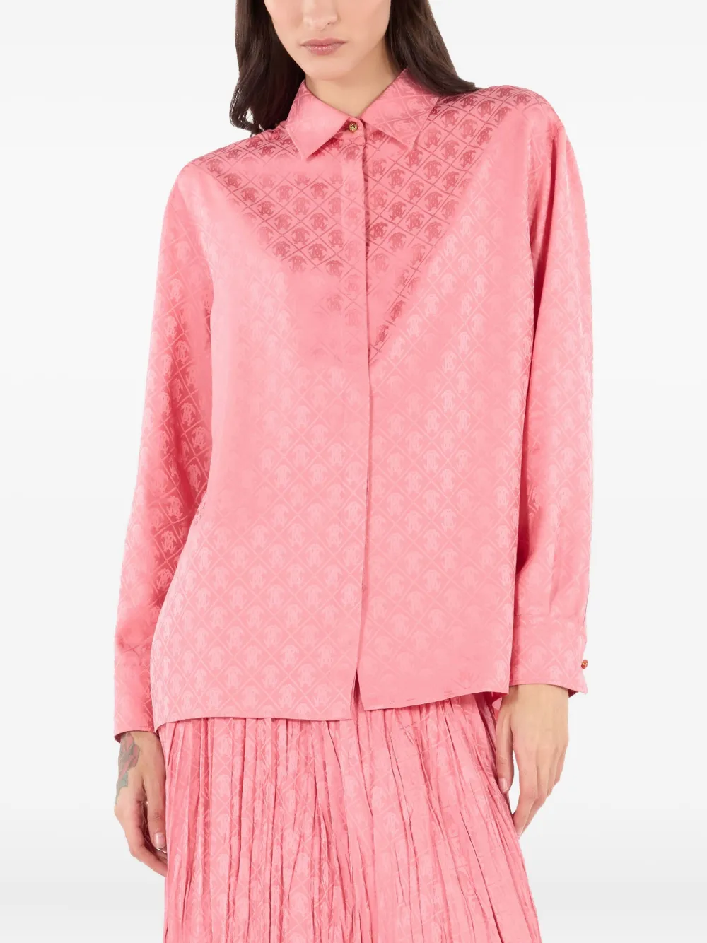 Roberto Cavalli Silk Blend Shirt With Mirror Snake Monogram Print In Pink